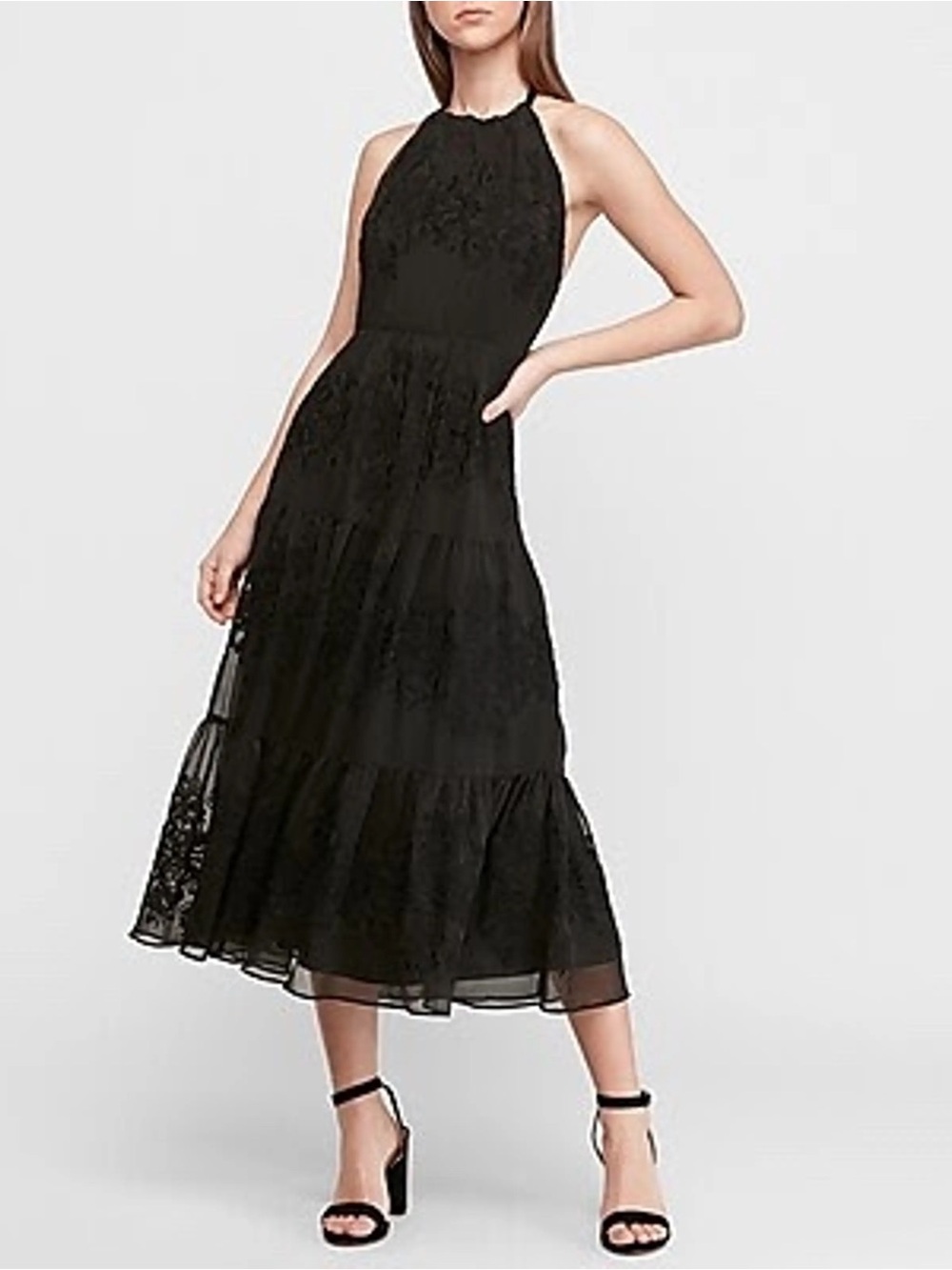 Express Like New Black Embroidered Tiered Halter Midi Dress XS